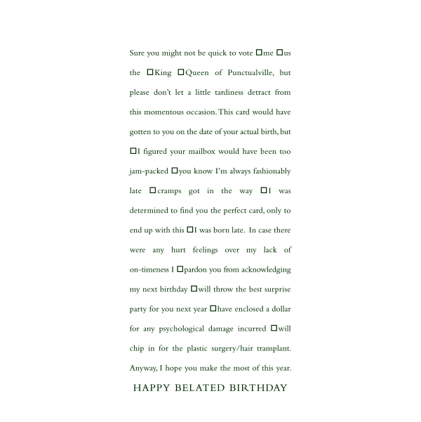 Happy Belated Birthday greeting card from the Clever Cards collection.