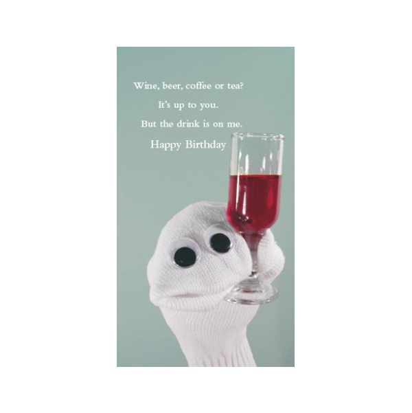 Birthday drink card greeting card from the Sock 'ems collection.
