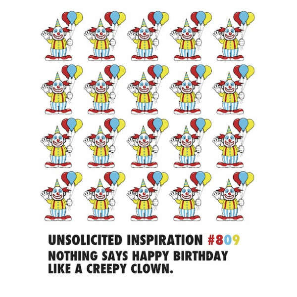 Creepy Clown Birthday greeting card from the Unsolicited Inspirations collection.